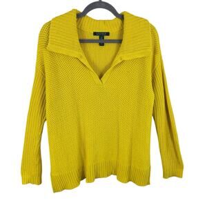 Lauren Ralph Lauren Cotton Blend Bright Yellow Collared Waffle Knit Sweater Sz M